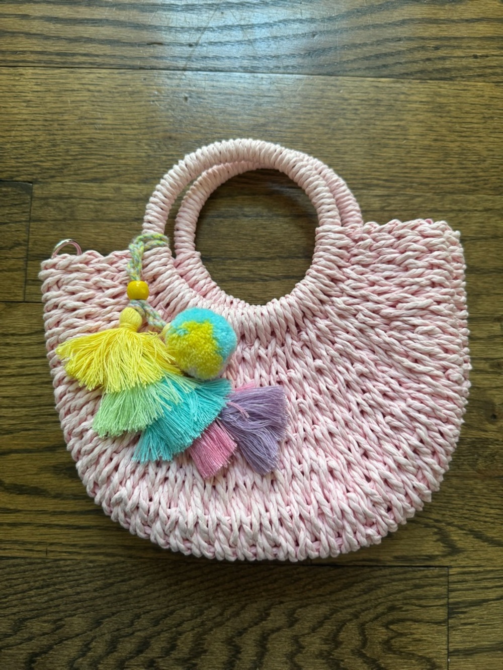 Pink Woven Straw Mini Bag Tassel Pom Pom Top Handle Crossbody - Picture 2 of 5